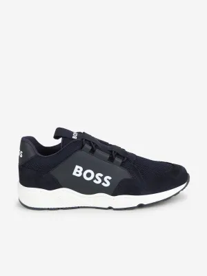 BOSS Boys Leather And Mesh Logo Trainer in Navy