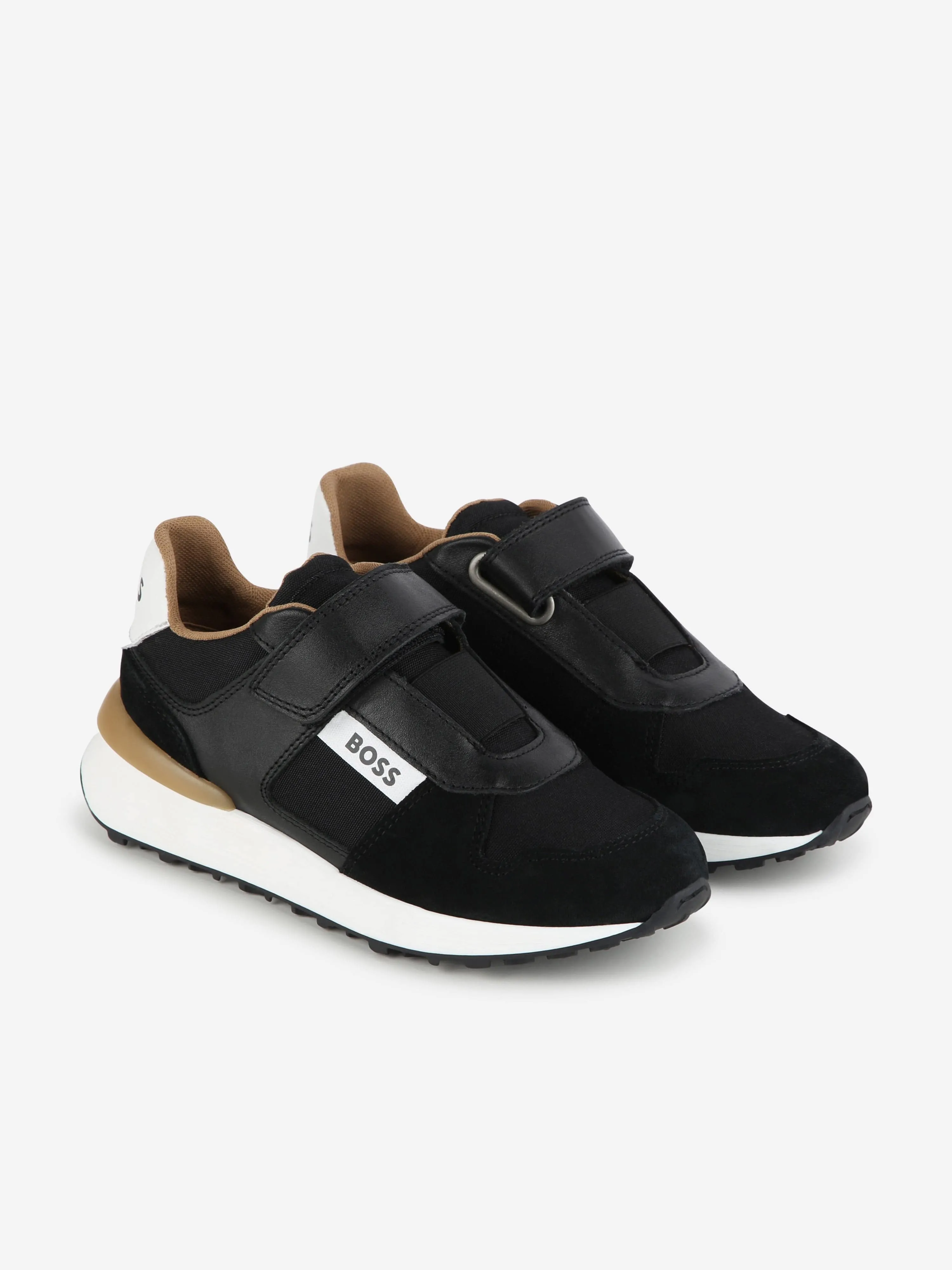 BOSS Boys Leather Logo Velcro Trainers in Black