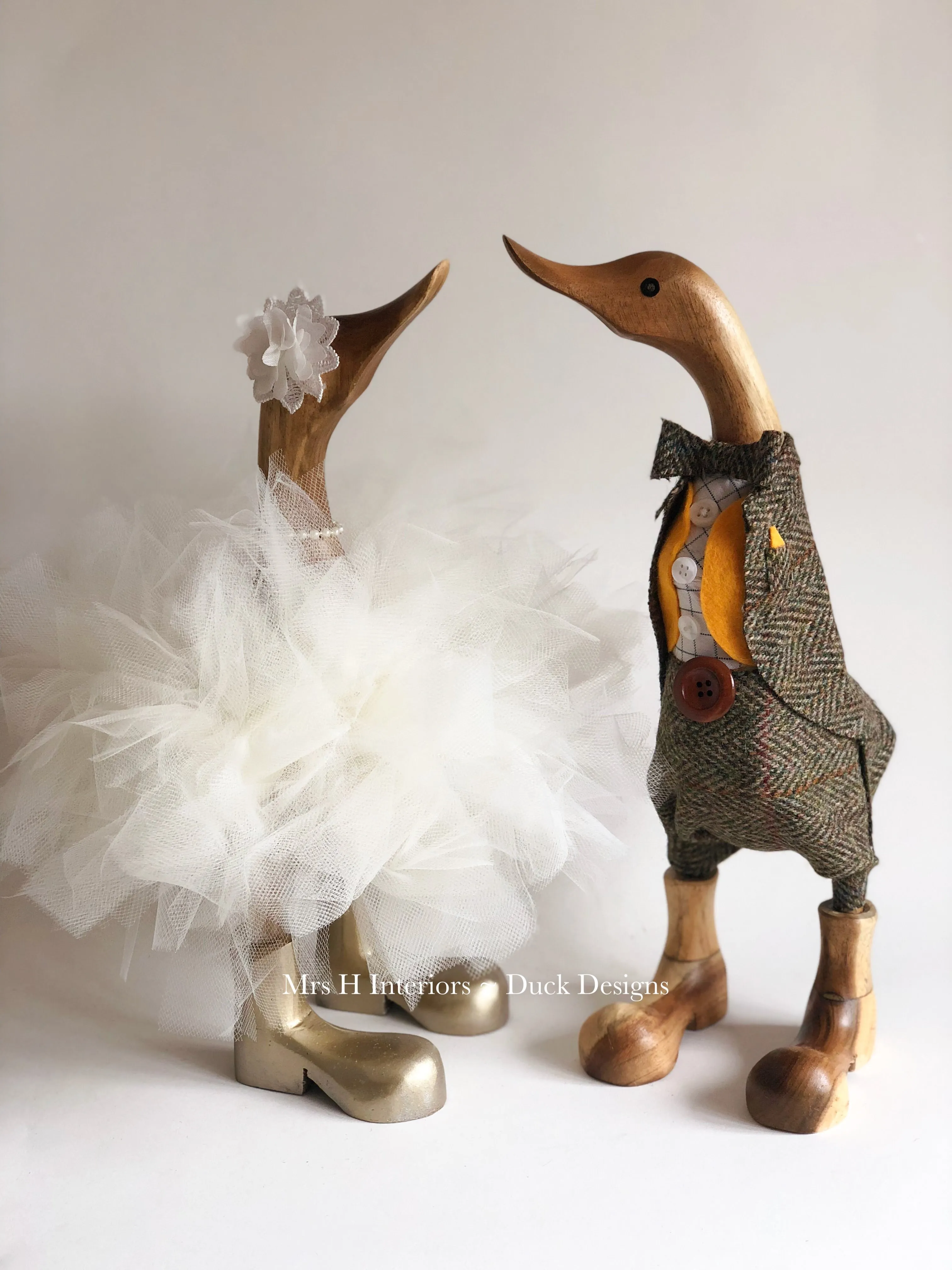 Bridal Couple - Tutu Bride & Harris Tweed Groom Wedding Pair - Decorated Wooden Duck in Boots by Mrs H the Duck Lady