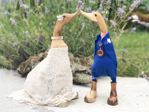 Bridal Couple - Vintage Style Wedding Pair - Royal Blue Groom - Decorated Wooden Duck in Boots by Mrs H the Duck Lady