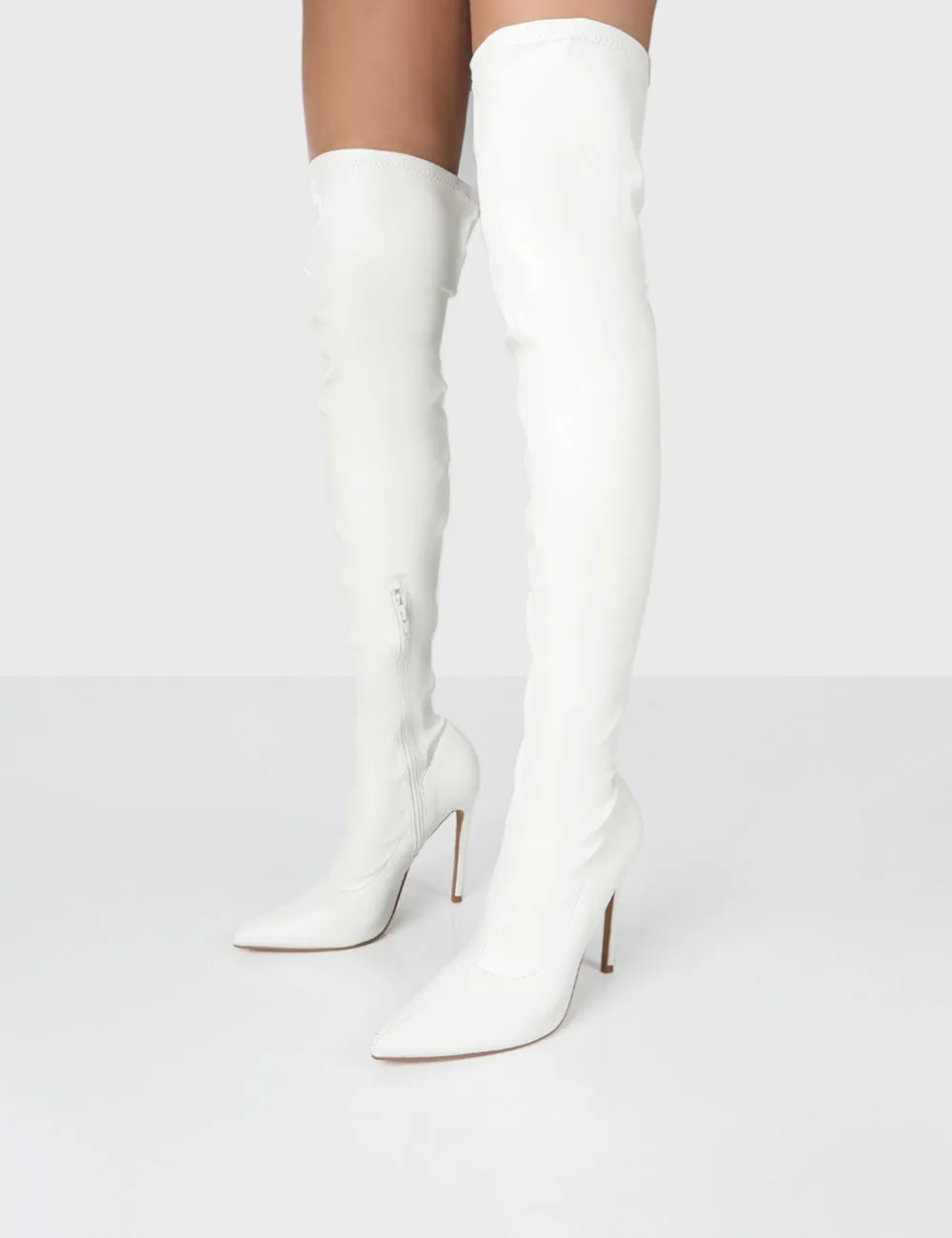 Confidence White Stiletto Heeled Over The Knee PU Boots