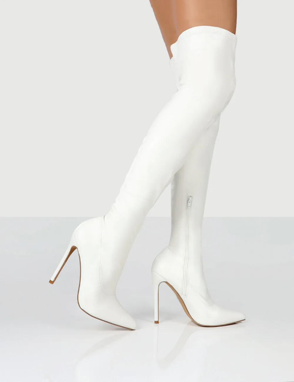 Confidence White Stiletto Heeled Over The Knee PU Boots