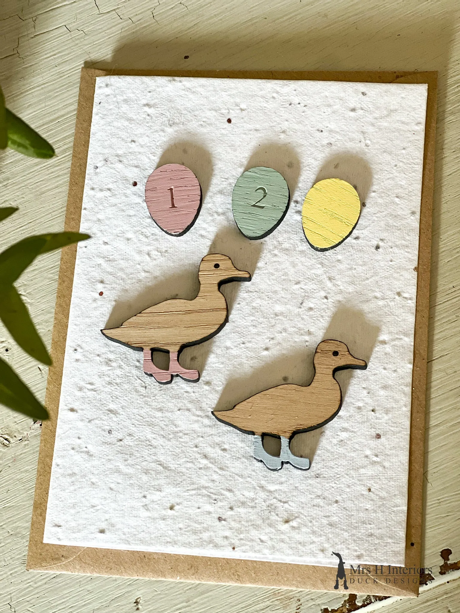 Congratulations New Baby Boy - Duckling & Balloon - Congratulations New Baby Card - Decorated Wooden Duck in Boots by Mrs H the Duck Lady