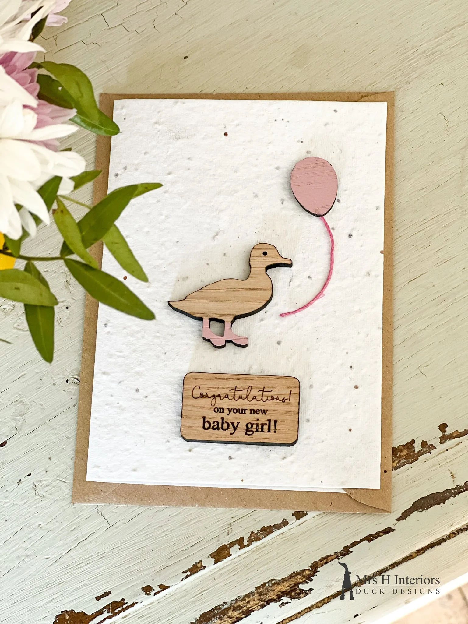 Congratulations New Baby Girl - Duckling & Balloon - Congratulations New Baby Card - Decorated Wooden Duck in Boots by Mrs H the Duck Lady