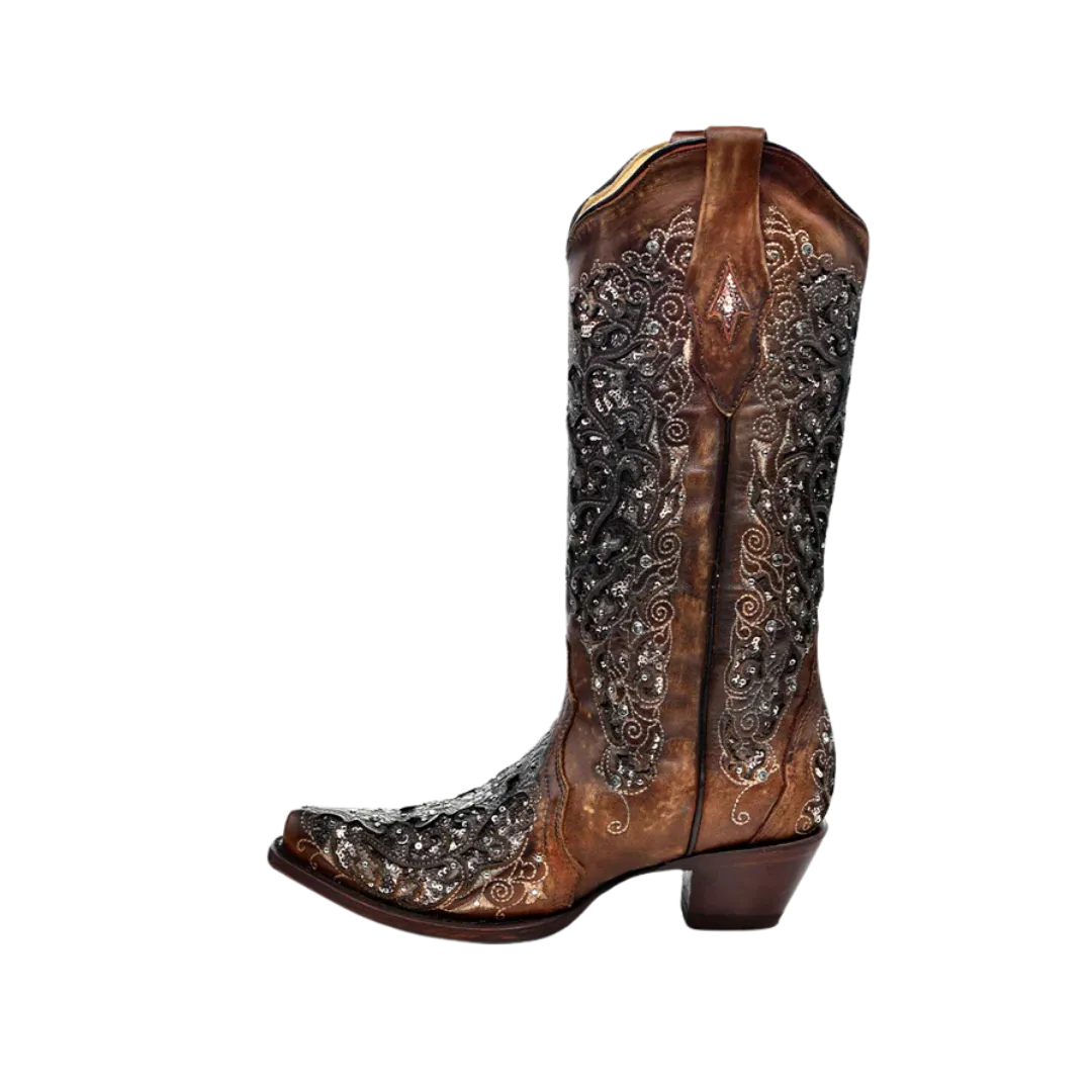 Corral Boots Women's Glitter Inlay Floral Overlay With Crystals Cognac Cowboy Black Boot