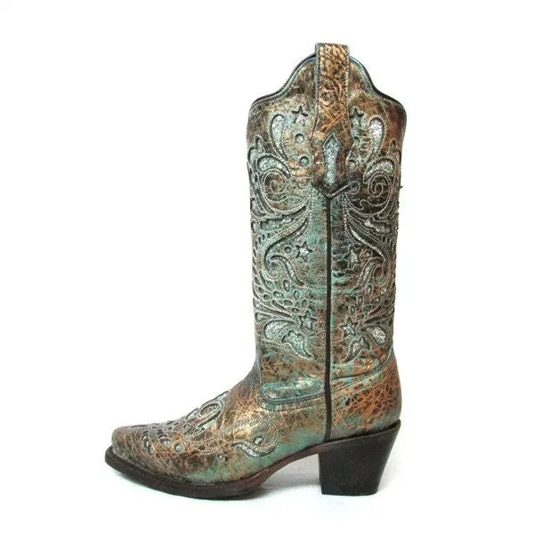 Corral Women's Bronce Turquoise Glitter Inlay Cowboy Boot R1255