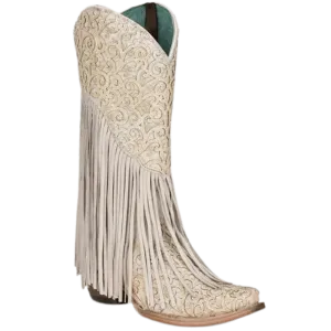 Corral Women's White Lamb Overlay & Embroidery Fringe Western Boots C3955