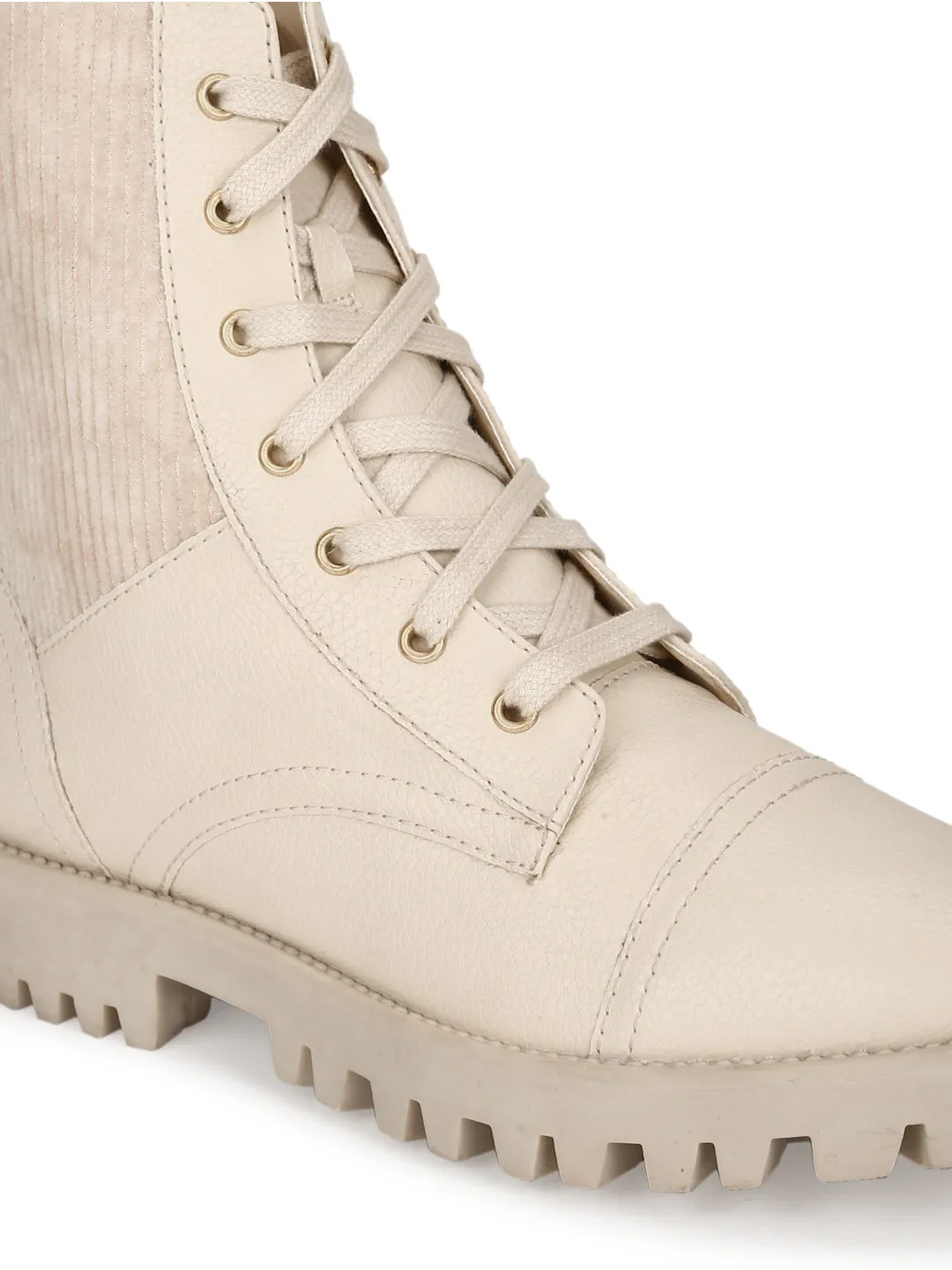 Cream Beige PU Lace Up Ankle Boots