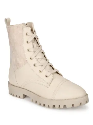 Cream Beige PU Lace Up Ankle Boots