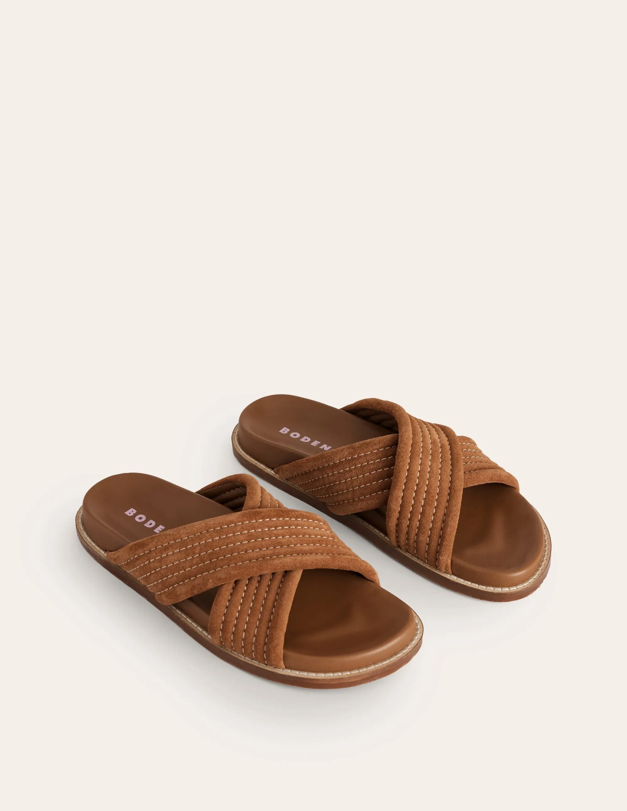 Cross Strap Sliders-Tan