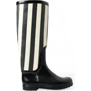 Dolce & Gabbana Black and White Striped Knee High Boots