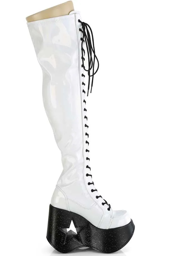 DYNAMITE-300 [White Stretch Holo] | PLATFORM BOOTS [PREORDER]