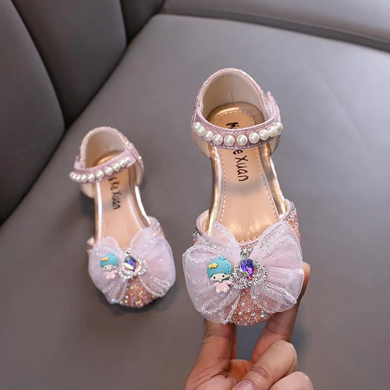 Elegant Pearl Girls' Shoes Delicate Bow-Knot Party Shoes Glitter Sequins Fun Shoes