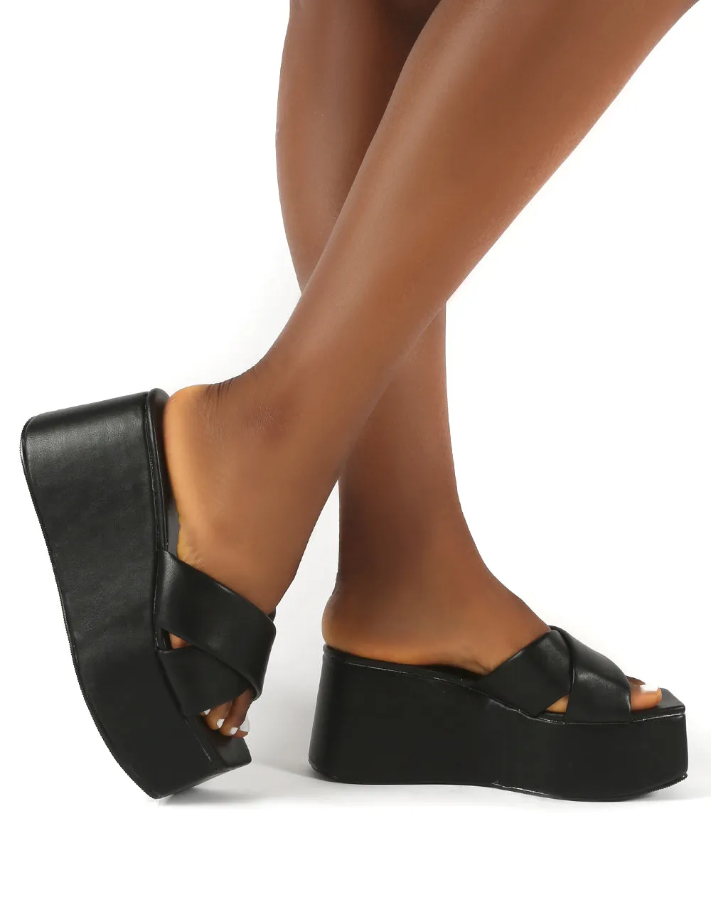 Elevate Black PU Flatform Sole Cross Strap Sandals