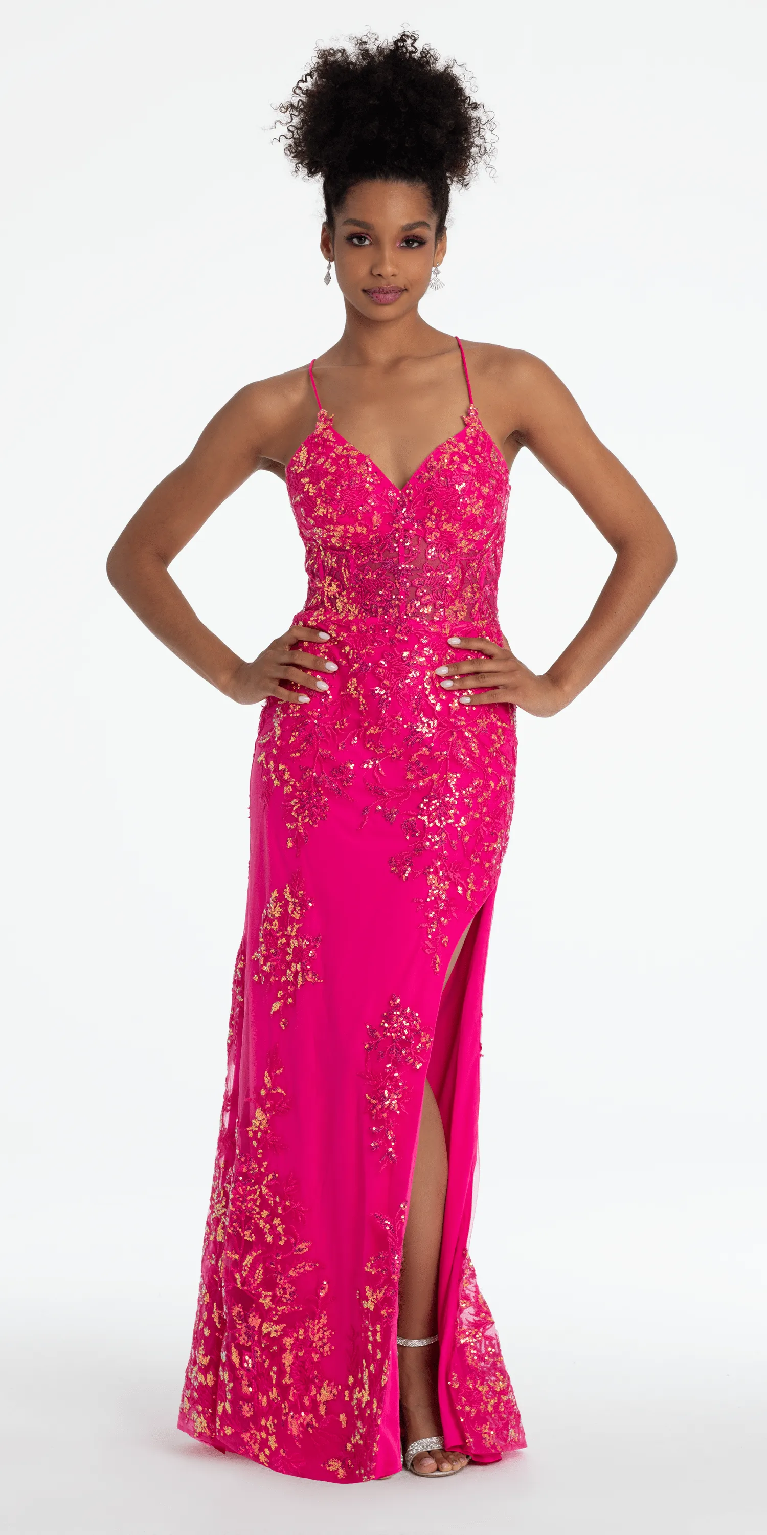 Embroidered Sequin Sweetheart Corset Column Dress with Side Slit