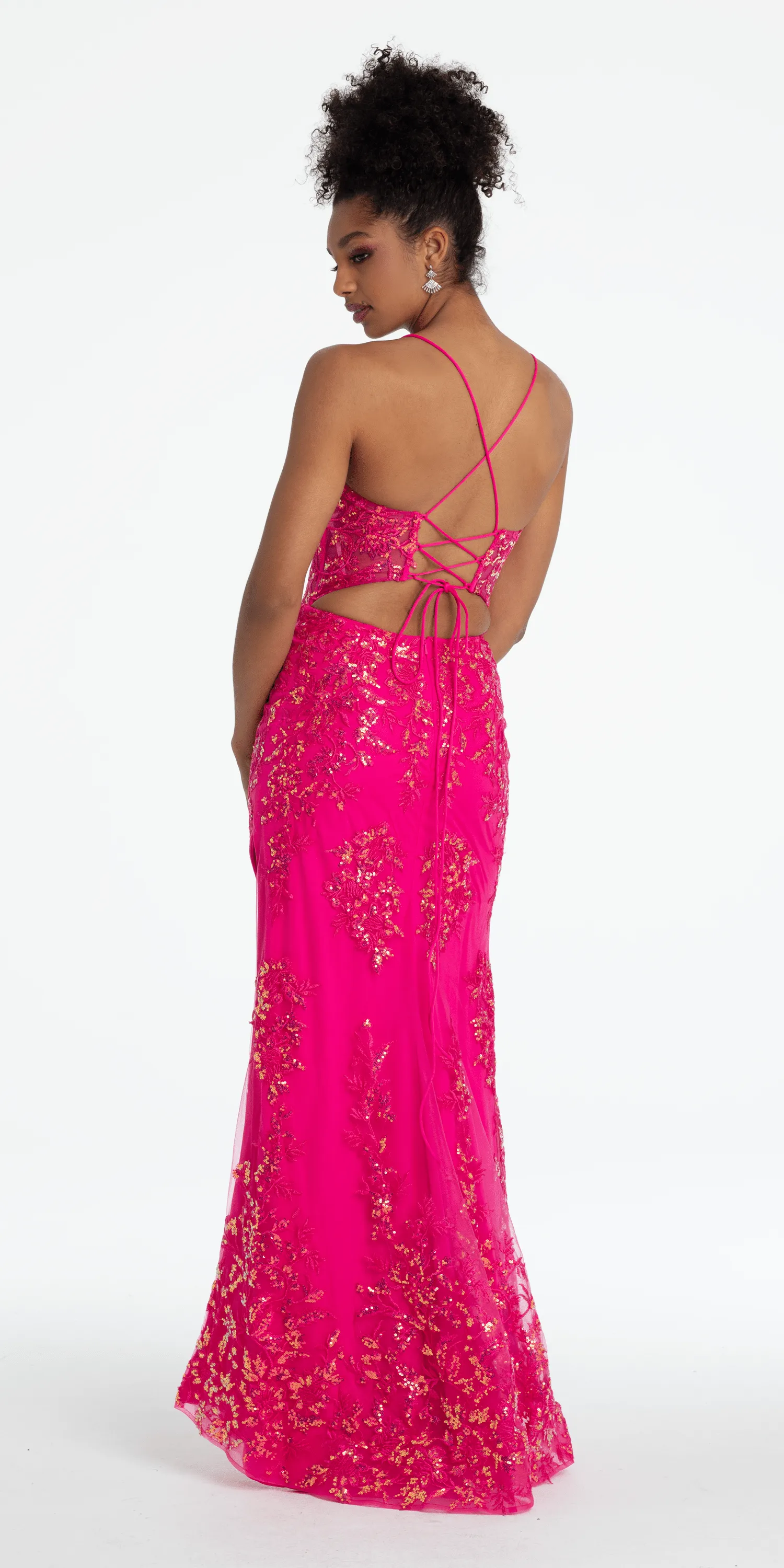 Embroidered Sequin Sweetheart Corset Column Dress with Side Slit