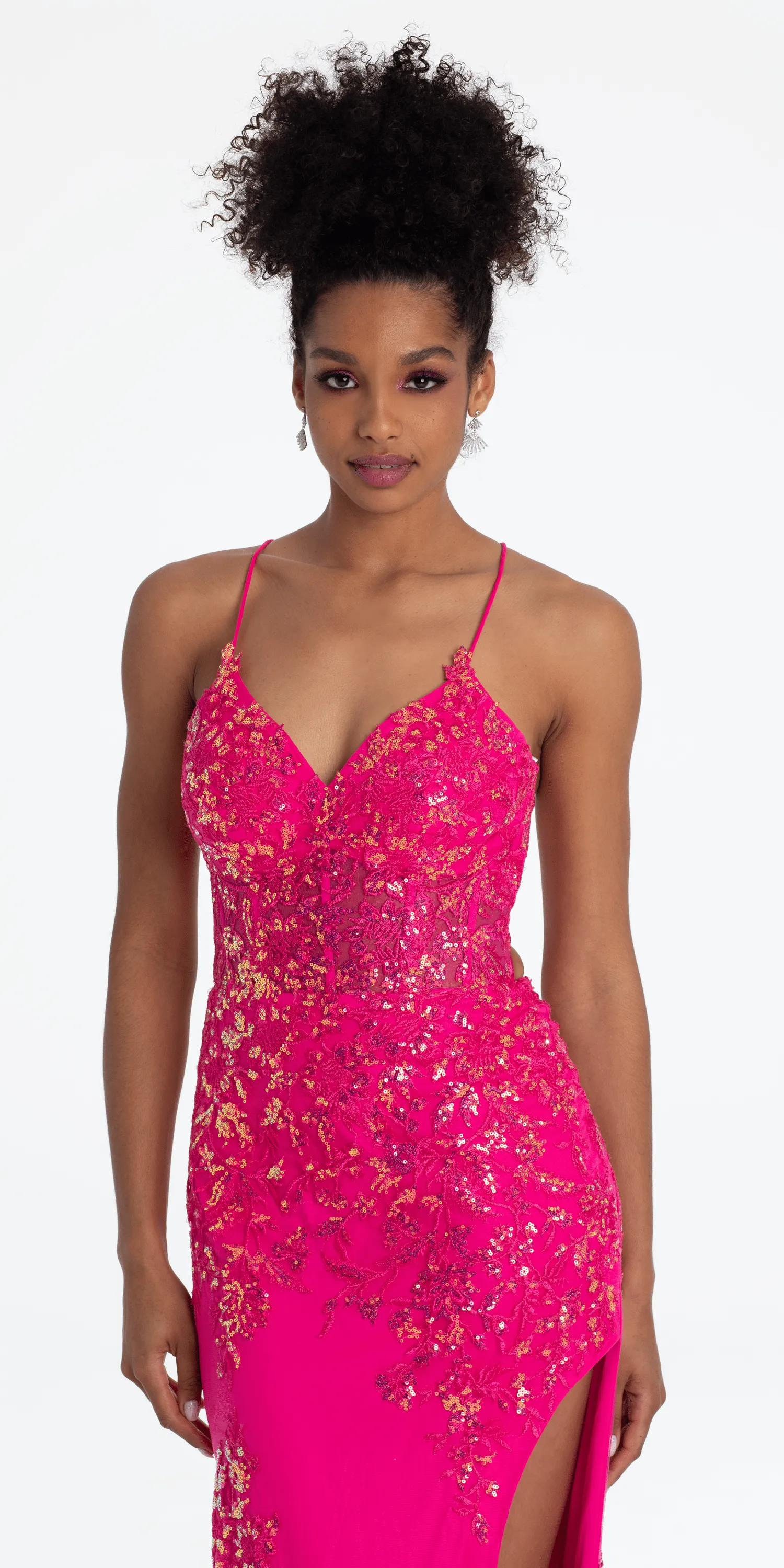 Embroidered Sequin Sweetheart Corset Column Dress with Side Slit