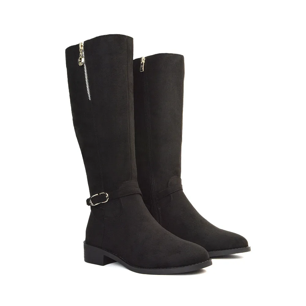 Esme Flat Heel Knee High Winter Long Boots With Inside Zip in Black Faux Suede