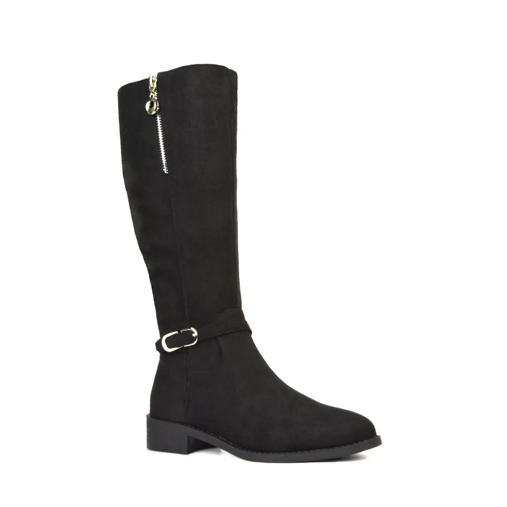 Esme Flat Heel Knee High Winter Long Boots With Inside Zip in Black Faux Suede