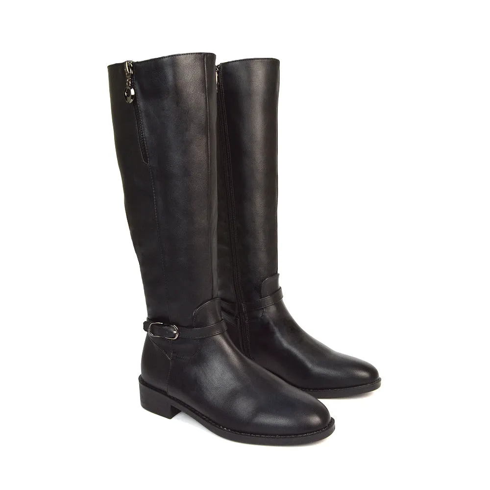 Esme Flat Heel Knee High Winter Long Boots With Inside Zip in Black Faux Suede