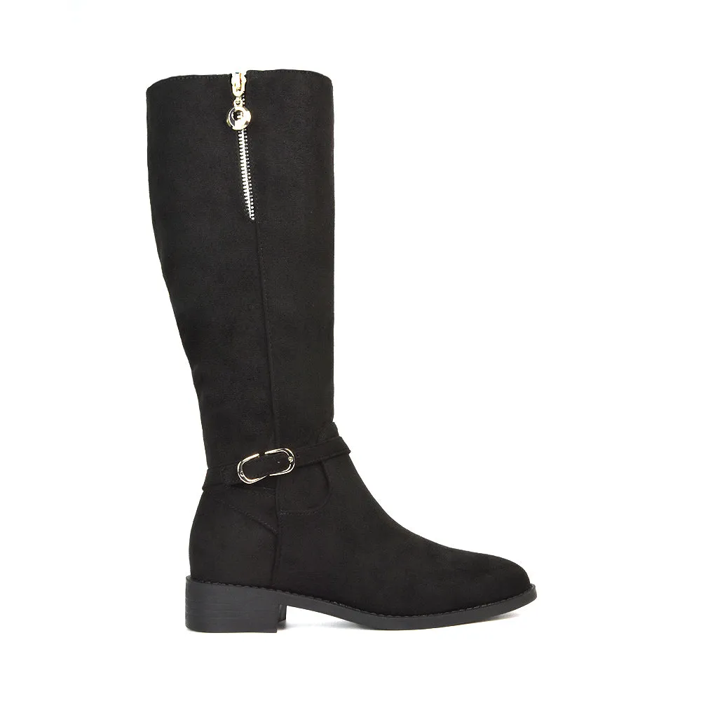 Esme Flat Heel Knee High Winter Long Boots With Inside Zip in Black Faux Suede