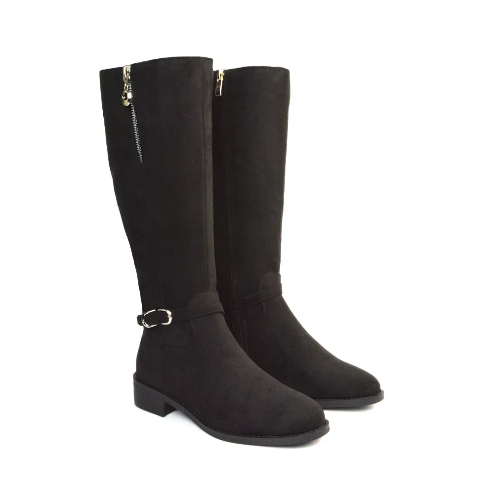 Esme Flat Heel Knee High Winter Long Boots With Inside Zip in Black Faux Suede