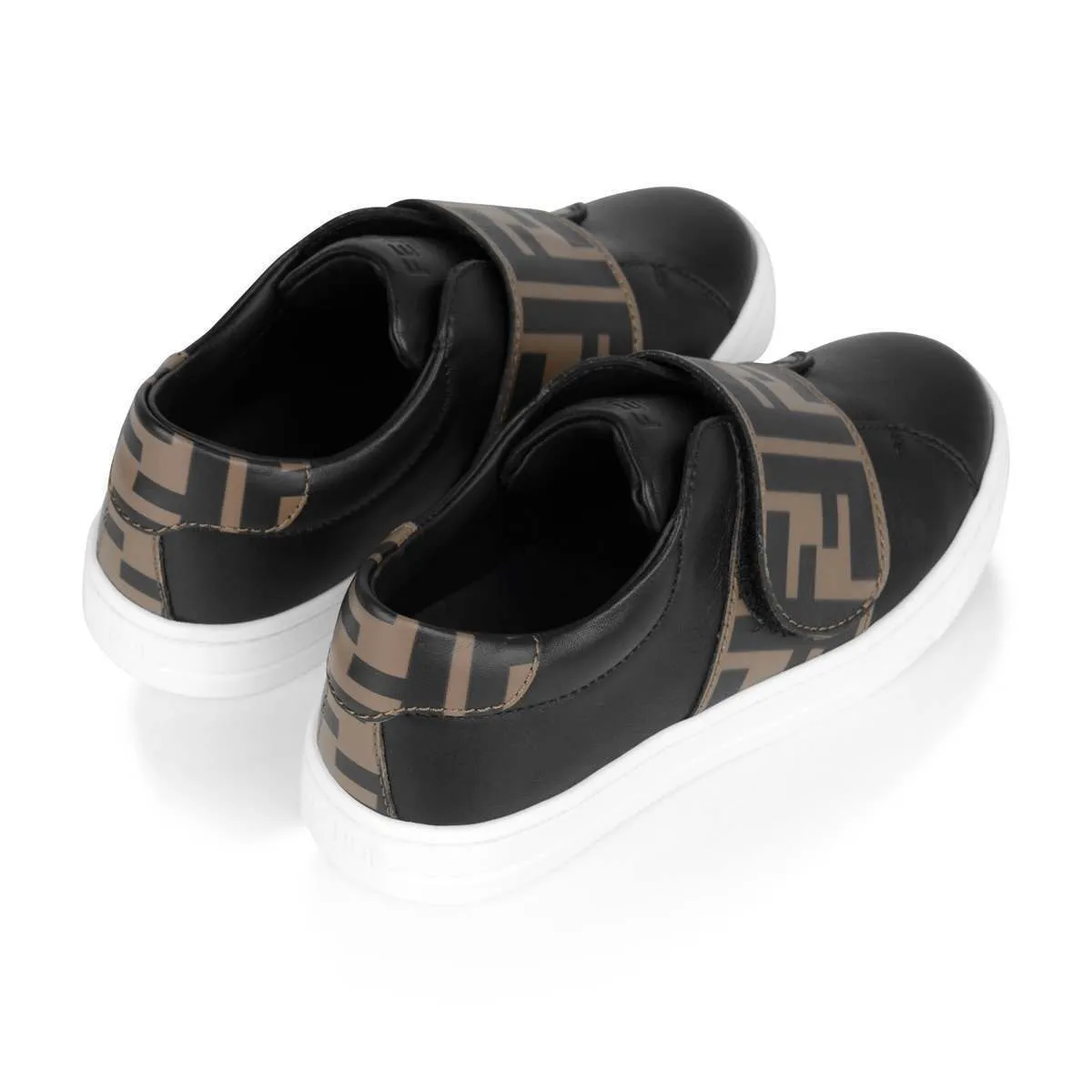 Fendi Kids Leather FF Logo Strap Trainers in Black