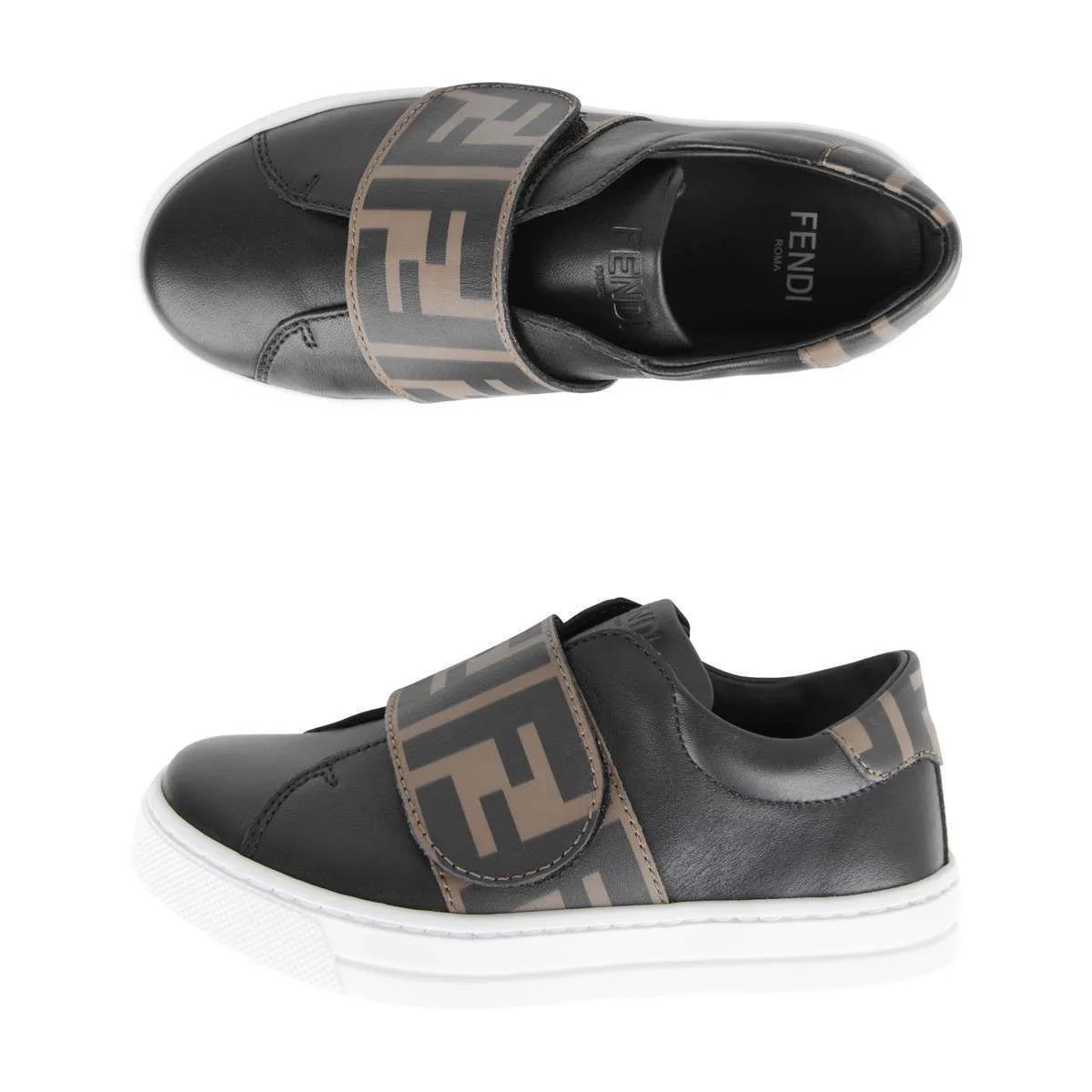 Fendi Kids Leather FF Logo Strap Trainers in Black