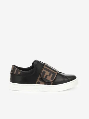 Fendi Kids Leather FF Logo Strap Trainers in Black