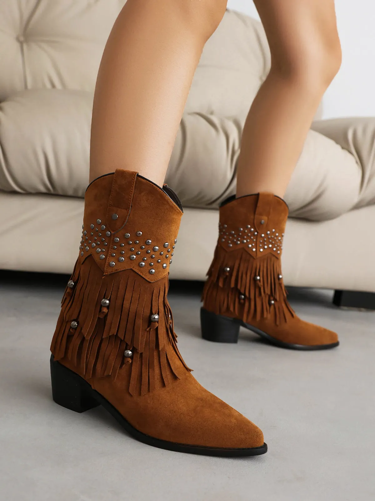 Flannelette Cone Heel Western Boots