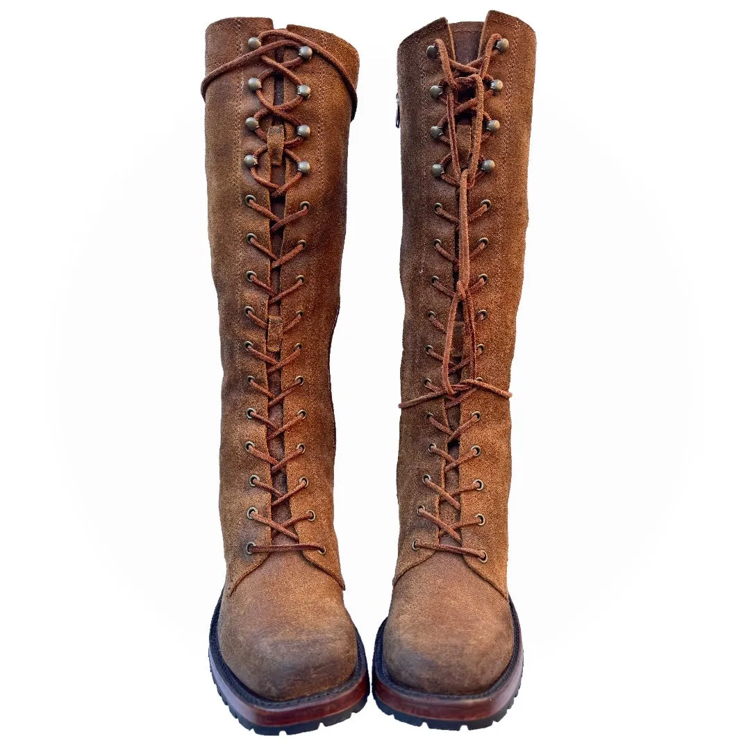 FRYE Campus Lace Up Tall Knee High Zippered Brown Leather Boots