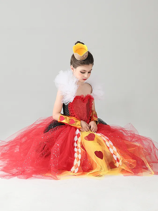 Girls Alice in Wonderland Queen of Hearts Inspired Costume with Cuffs and Crown Set