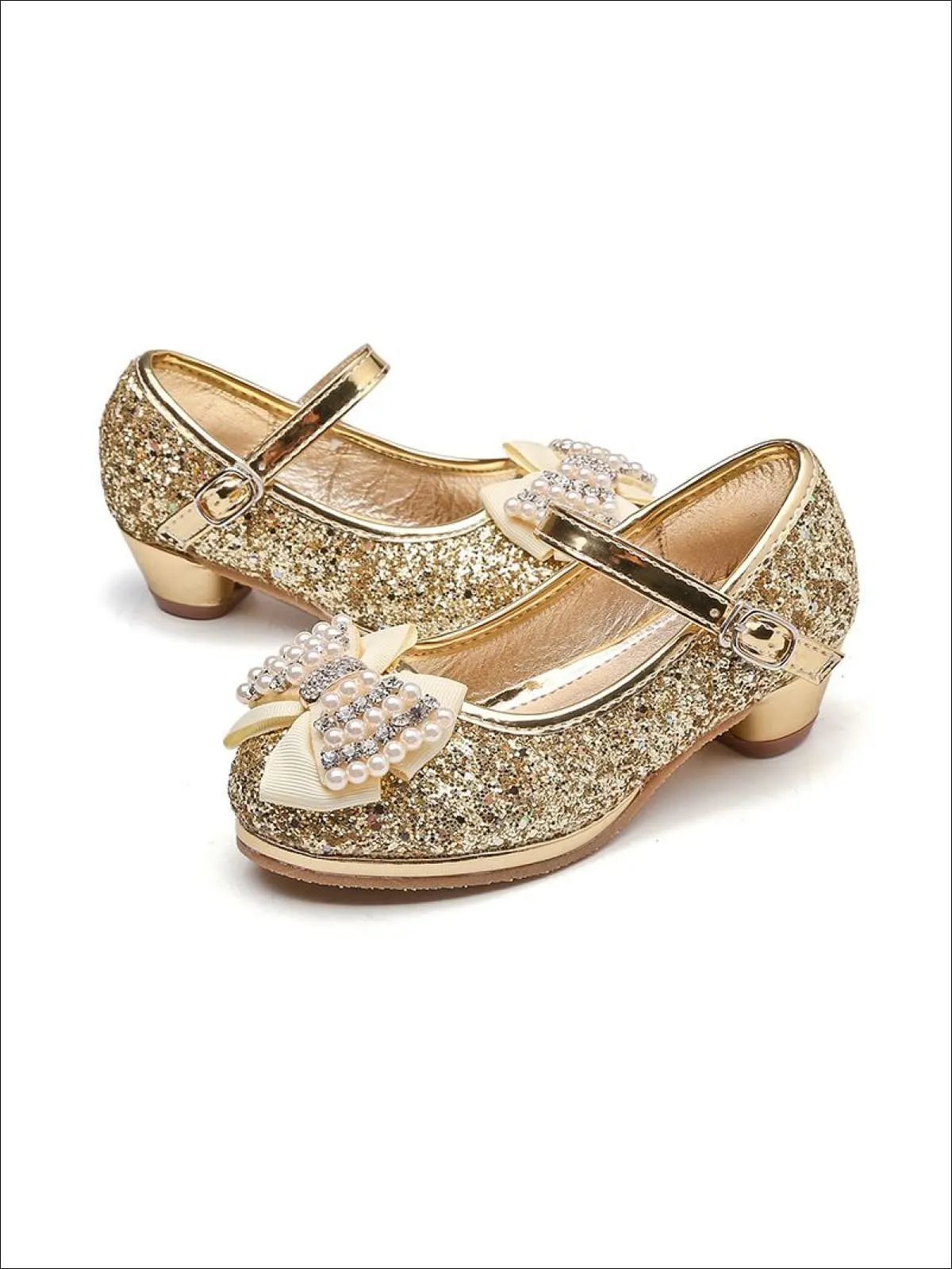 Girls Gold Glitter Bow Princess Shoes with Pearl Embellishment By Liv and Mia