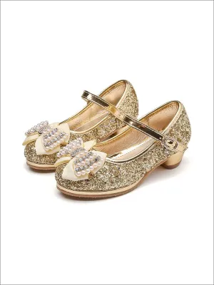 Girls Gold Glitter Bow Princess Shoes with Pearl Embellishment By Liv and Mia