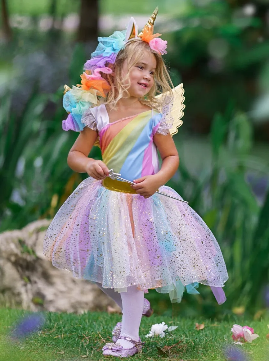 Girls Magical Golden Rainbow Unicorn Costume Dress