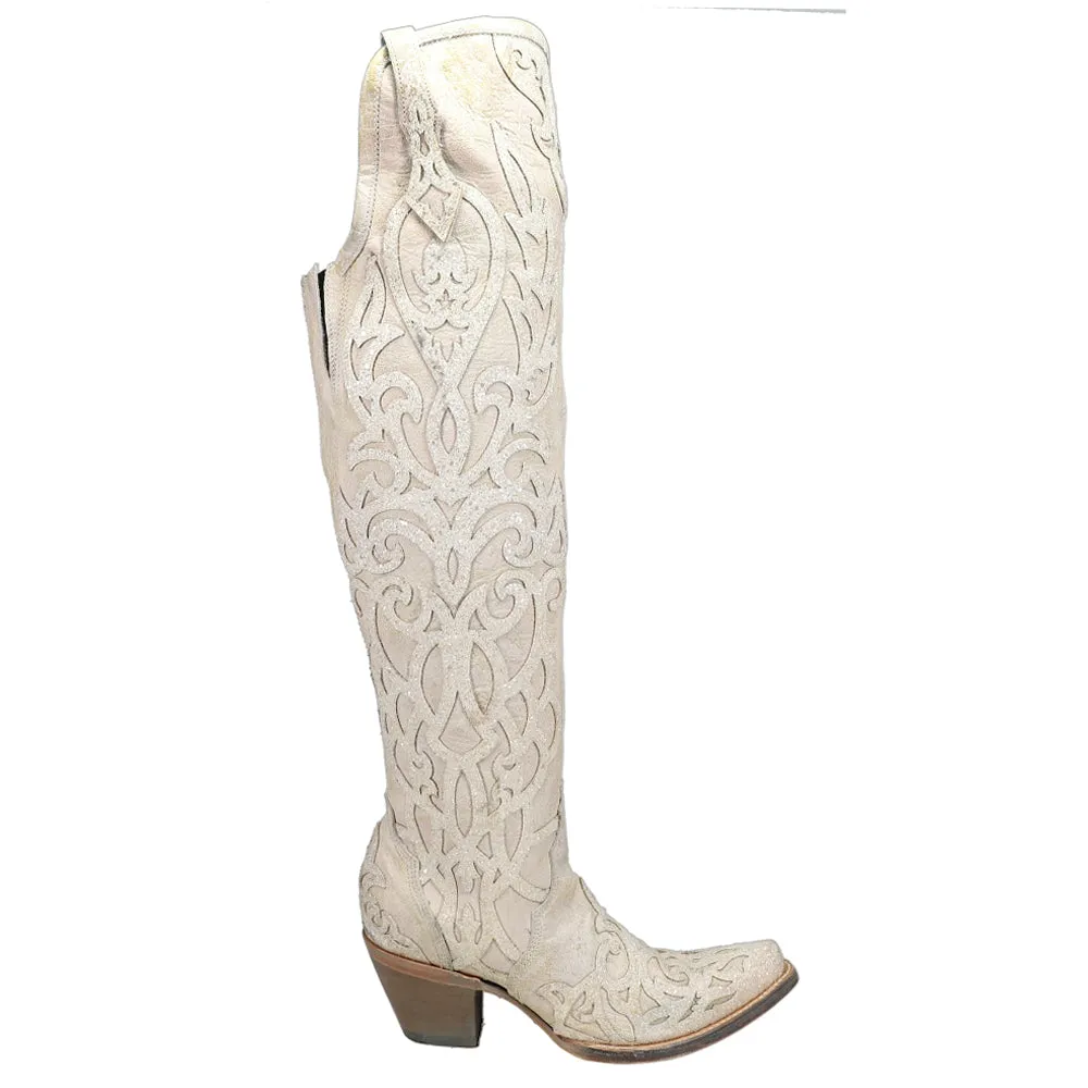 Glitter and Tooled-Inlay Knee High Snip Toe Cowboy Boots