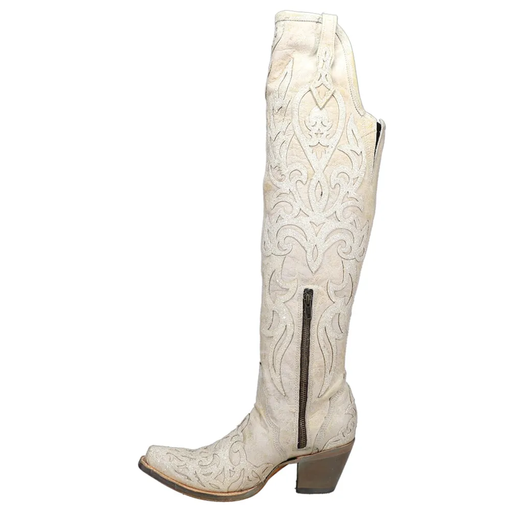 Glitter and Tooled-Inlay Knee High Snip Toe Cowboy Boots