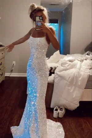 Glitter Mermaid Sparkly Prom Dress Sequin Long Backless Evening Gown