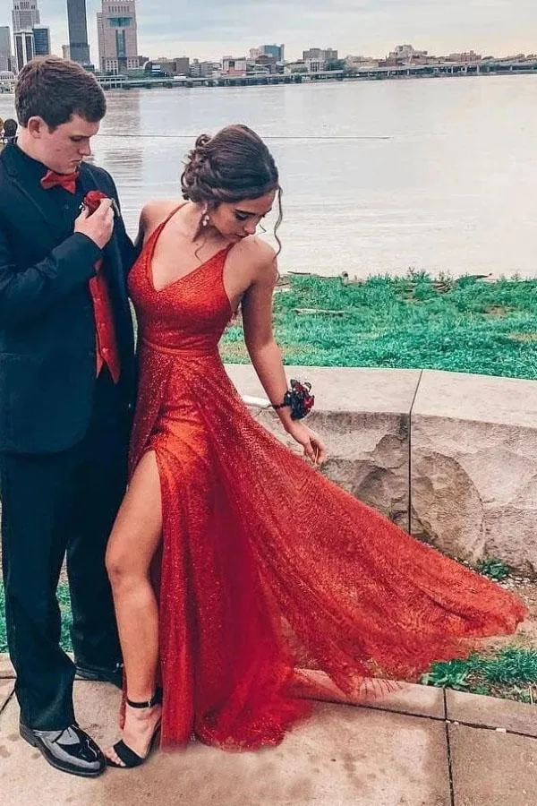 Glitter Red Long Spaghetti Straps V Neck Prom Dresses, Floor Length Sequins Prom Gown UQ2405