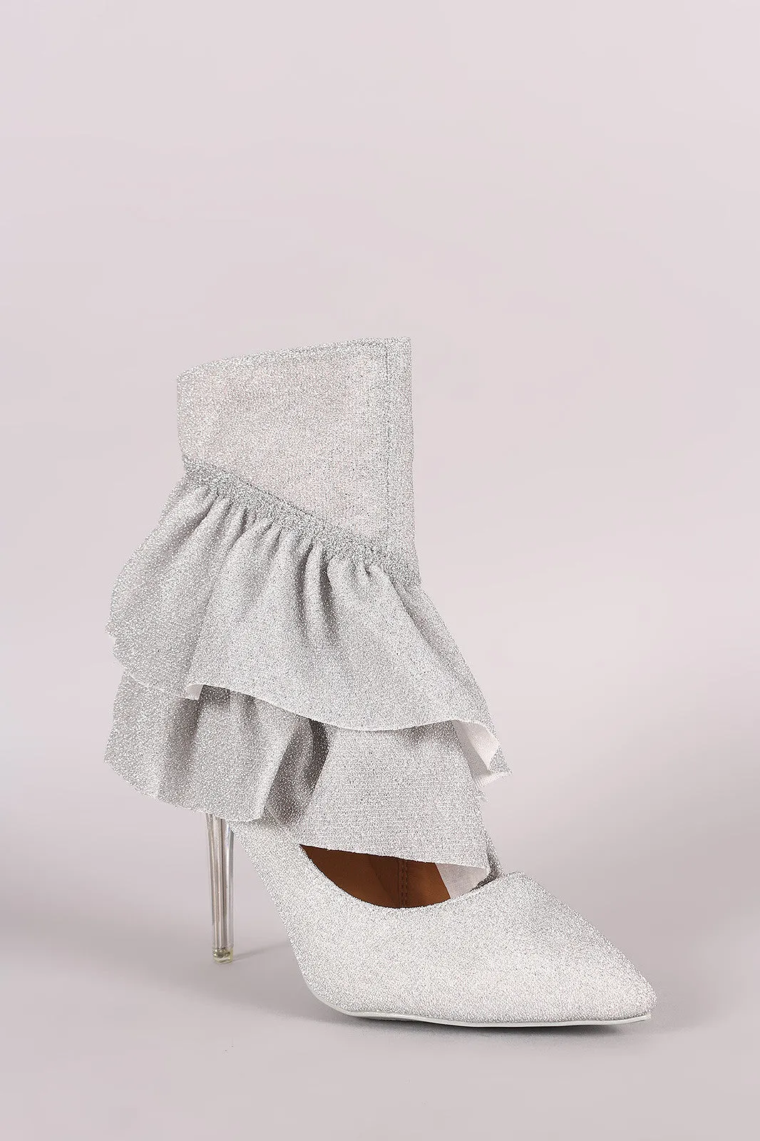 Glitter Tierd Ruffle Cutout Pointy Toe Stiletto Booties