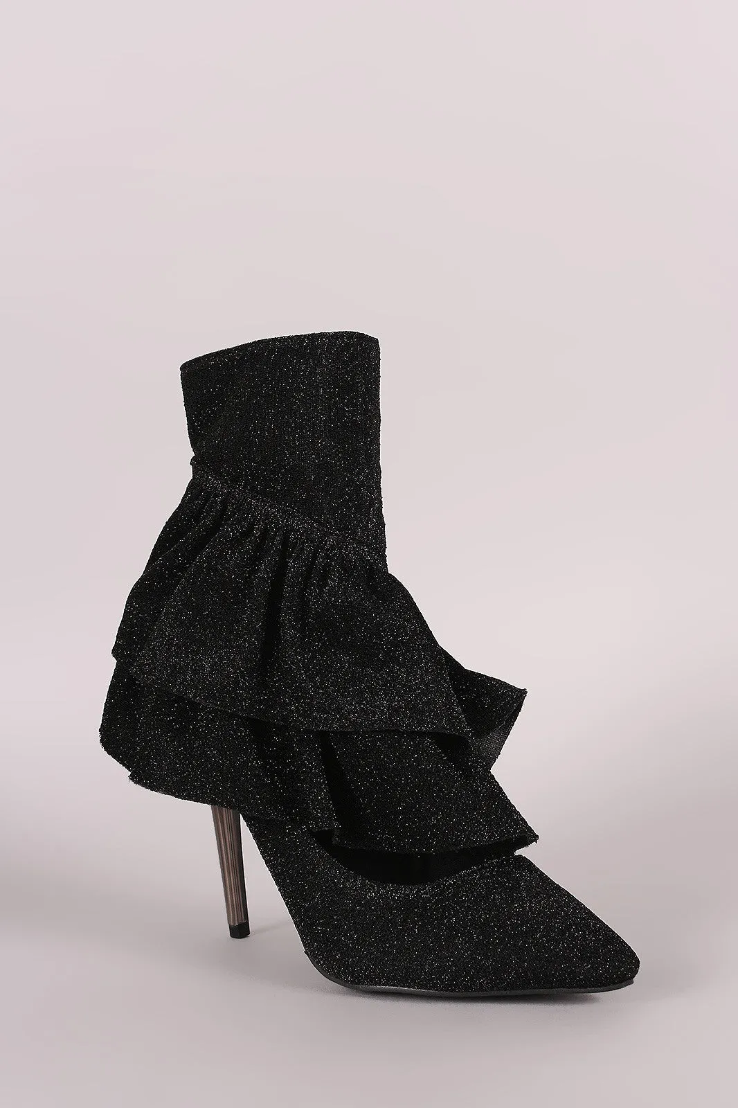 Glitter Tierd Ruffle Cutout Pointy Toe Stiletto Booties