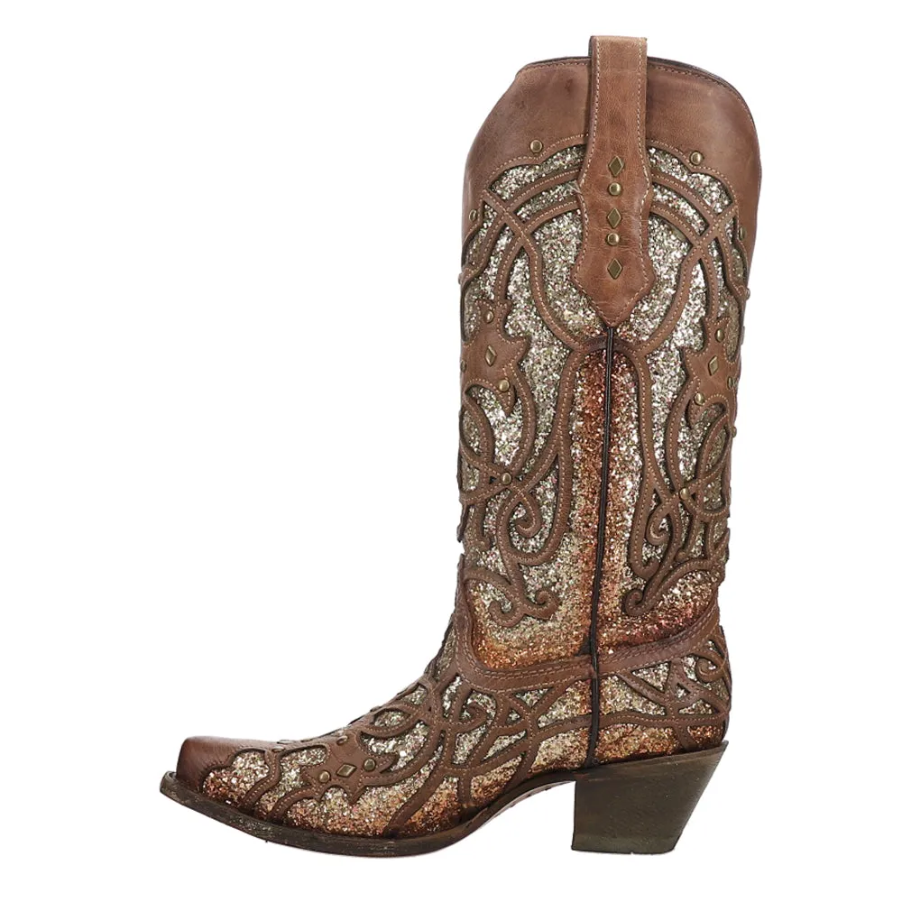 Glitter Tooled-Inlay Snip Toe Cowboy Boots