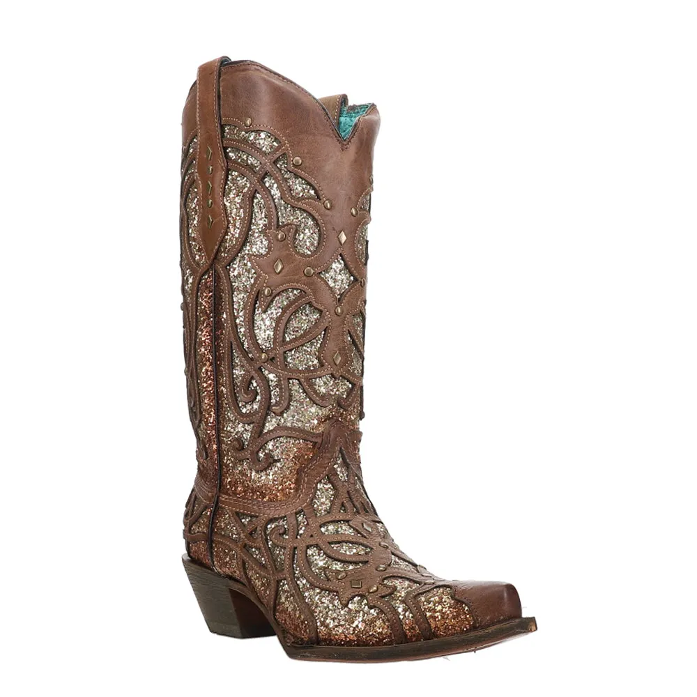 Glitter Tooled-Inlay Snip Toe Cowboy Boots