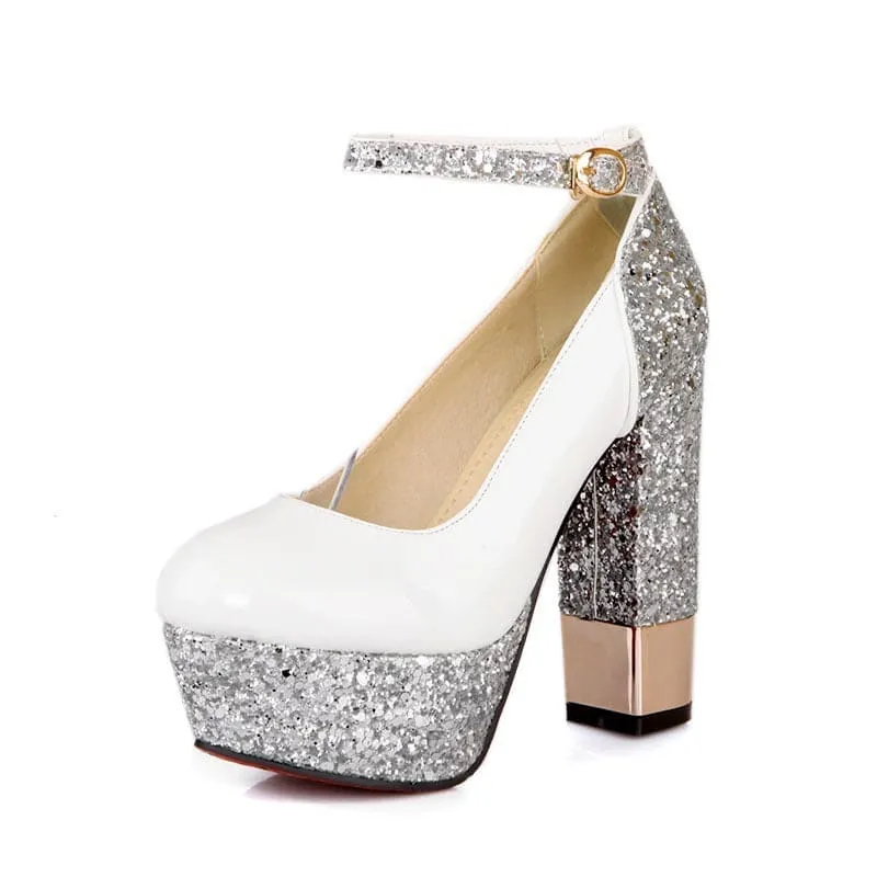 Gold Glitter Round Toe Platform Shoes with Ankle Buckle