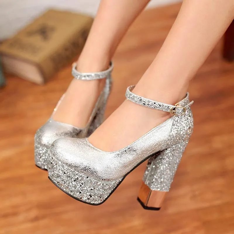 Gold Glitter Round Toe Platform Shoes with Ankle Buckle