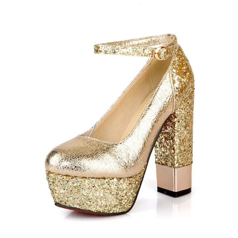 Gold Glitter Round Toe Platform Shoes with Ankle Buckle