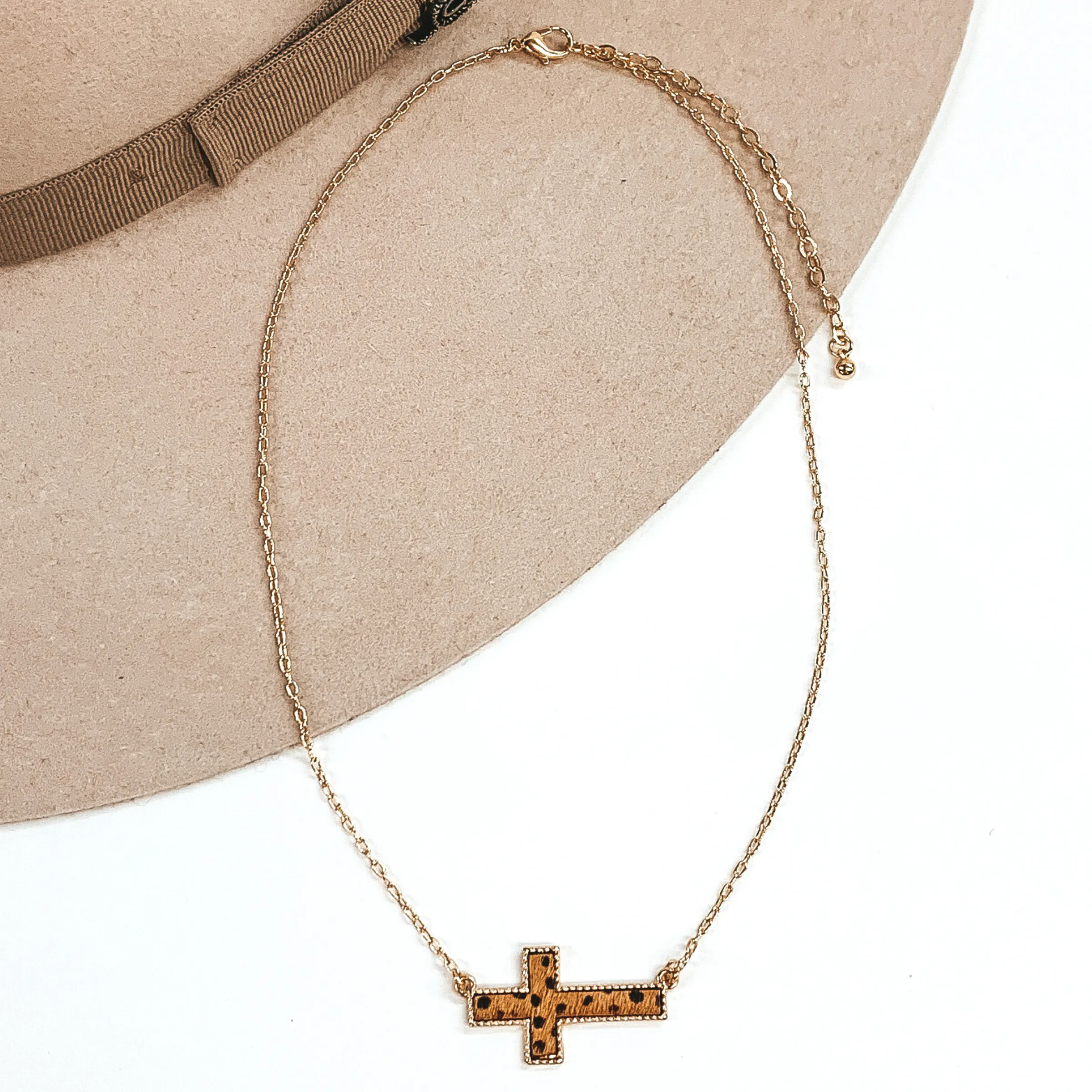 Gold Paperclip Chain Necklace with Cross Pendant in Brown Dotted Print