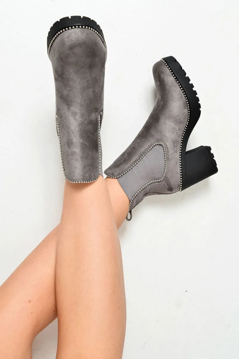 Grey Faux Suede Stud Trim Chunky Chelsea Boots - Leana