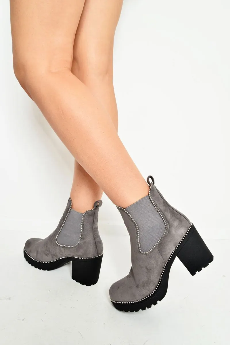 Grey Faux Suede Stud Trim Chunky Chelsea Boots - Leana