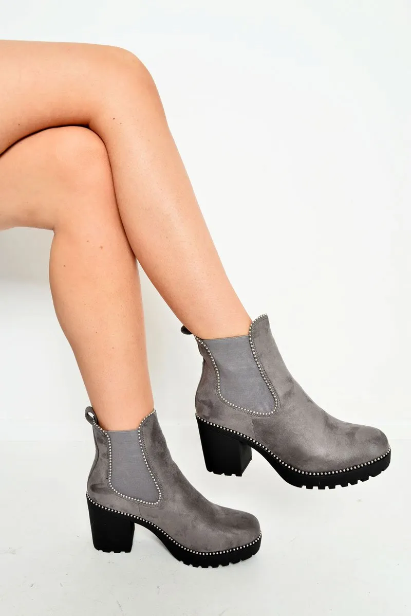 Grey Faux Suede Stud Trim Chunky Chelsea Boots - Leana